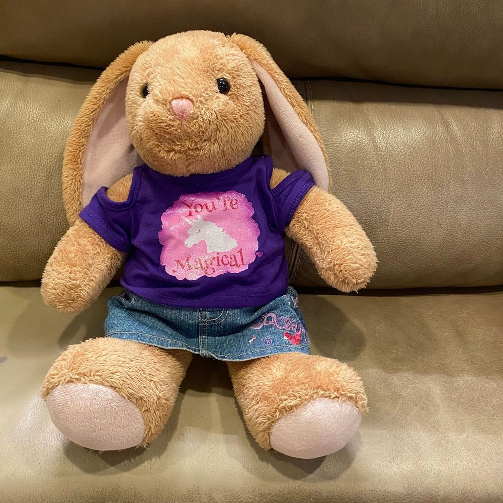 Build A Bear Pawlette Bunny 2013 Plush Purple Unicorn Shirt Denim Skirt BABW